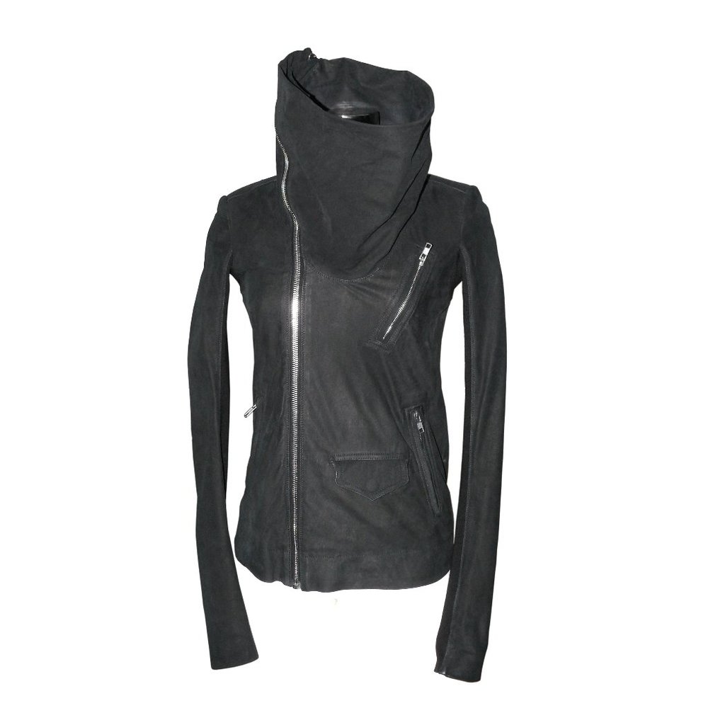 RICK OWENS BLACK SUEDE LEATHER FUNNEL NECK MOTO JACKET VERY SLIM FITTING SZ 4